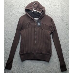 Benjamin Black Hooded Jacket Mens Medium Brown Rib Knit Sherpa Lined Full Zip